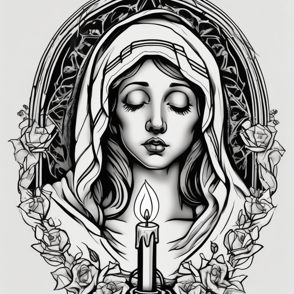 virgin maria holds 1 candle in her hand, tattoo should be full color fishing tattoos, AI-generated Realistic tattoo design